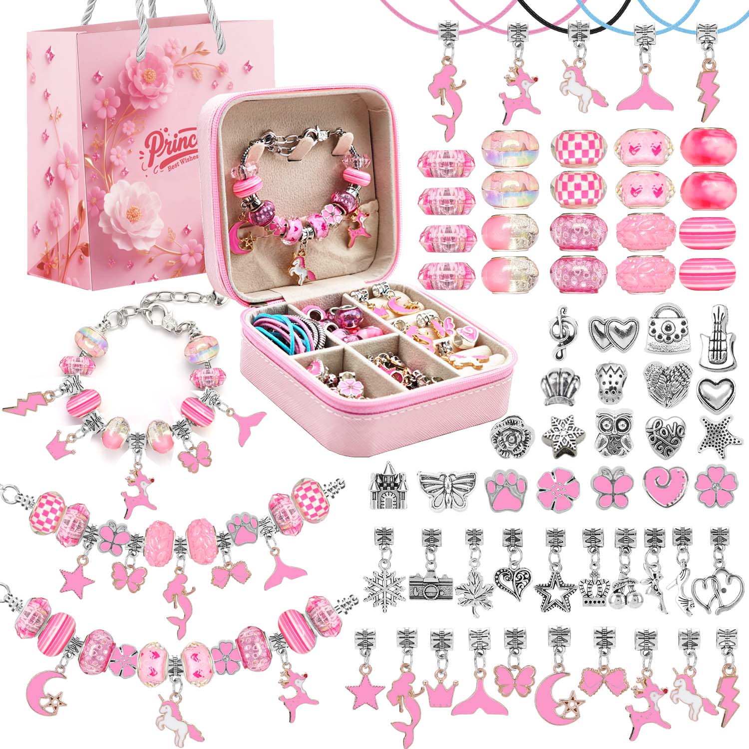 Jewelry Making Pieces - 68pcs pink beaded jewelry set, charm